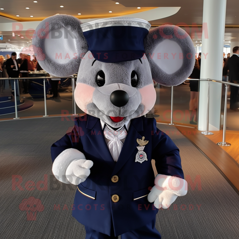 Navy Mouse mascot costume character dressed with a Suit Jacket and Hair clips