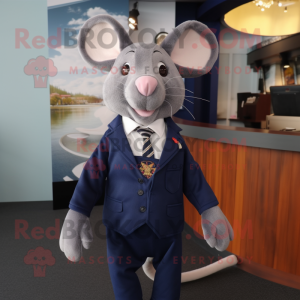 Navy Mouse mascot costume character dressed with a Suit Jacket and Hair clips