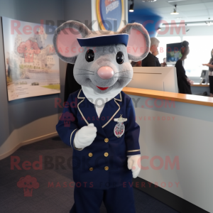 Navy Mouse mascot costume character dressed with a Suit Jacket and Hair clips