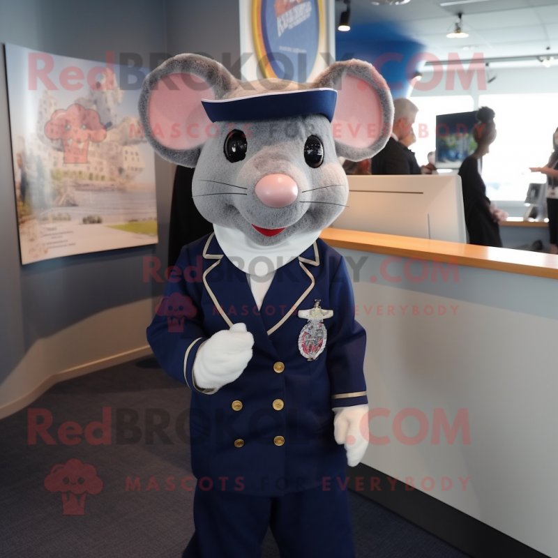 Navy Mouse mascot costume character dressed with a Suit Jacket and Hair clips Navy Mouse mascot costume character dressed with a Suit Jacket and Hair clips