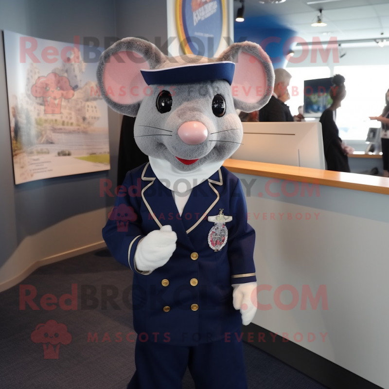 Navy Mouse mascot costume character dressed with a Suit Jacket and Hair clips