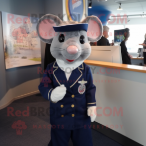 Navy Mouse mascot costume character dressed with a Suit Jacket and Hair clips