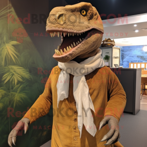nan Tyrannosaurus mascot costume character dressed with a Vest and Shawl pins
