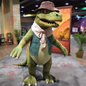 nan Tyrannosaurus mascot costume character dressed with a Vest and Shawl pins