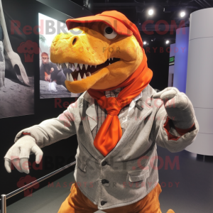 nan Tyrannosaurus mascot costume character dressed with a Vest and Shawl pins