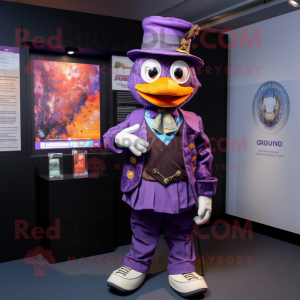 Purple Mandarin mascot costume character dressed with a Oxford Shirt and Berets