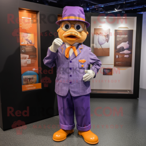 Purple Mandarin mascot costume character dressed with a Oxford Shirt and Berets