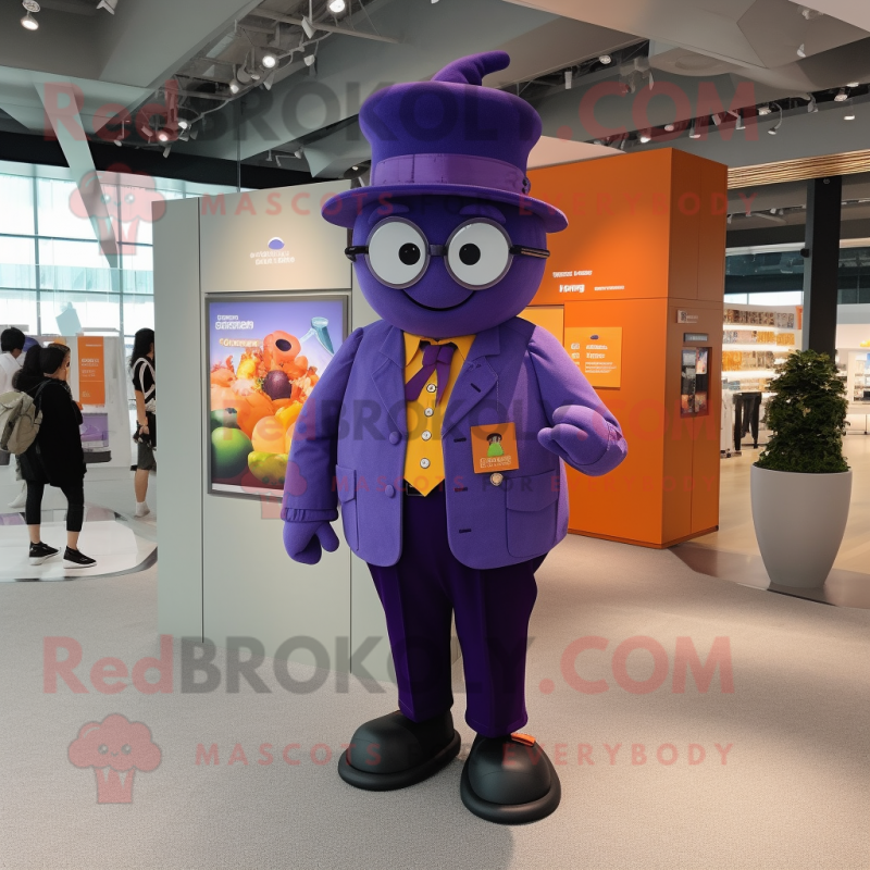 Purple Mandarin mascot costume character dressed with a Oxford Shirt and Berets