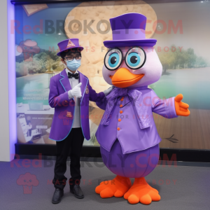 Purple Mandarin mascot costume character dressed with a Oxford Shirt and Berets