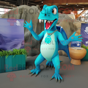 Turquoise Dimorphodon mascot costume character dressed with a Tank Top and Foot pads