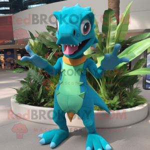 Turquoise Dimorphodon mascot costume character dressed with a Tank Top and Foot pads