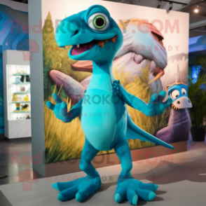 Turquoise Dimorphodon mascot costume character dressed with a Tank Top and Foot pads