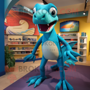 Turquoise Dimorphodon mascot costume character dressed with a Tank Top and Foot pads