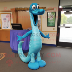 Sky Blue Loch Ness Monster mascot costume character dressed with a Evening Gown and Suspenders