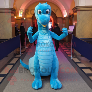 Sky Blue Loch Ness Monster mascot costume character dressed with a Evening Gown and Suspenders