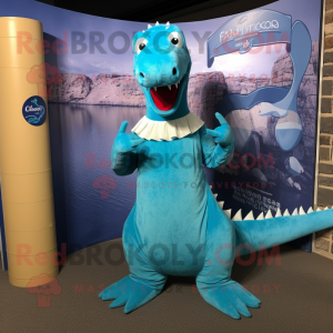 Sky Blue Loch Ness Monster mascot costume character dressed with a Evening Gown and Suspenders