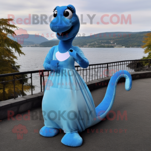 Sky Blue Loch Ness Monster mascot costume character dressed with a Evening Gown and Suspenders