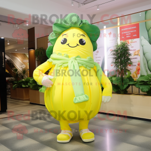 Lemon Yellow Cabbage mascot costume character dressed with a Jumpsuit and Handbags