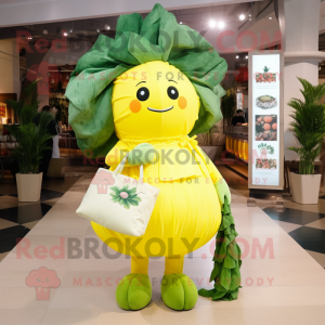 Lemon Yellow Cabbage mascot costume character dressed with a Jumpsuit and Handbags
