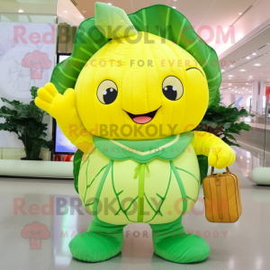 Lemon Yellow Cabbage mascot costume character dressed with a Jumpsuit and Handbags
