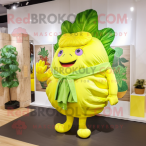 Lemon Yellow Cabbage mascot costume character dressed with a Jumpsuit and Handbags