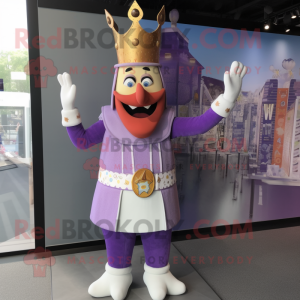 Lavender King mascot costume character dressed with a Romper and Shoe clips