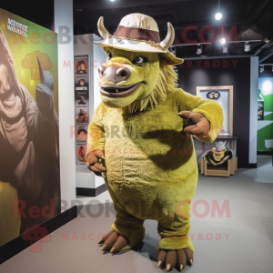 Olive Woolly Rhinoceros mascot costume character dressed with a Graphic Tee and Hats