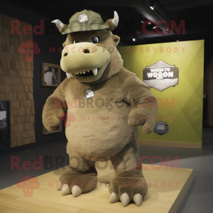 Olive Woolly Rhinoceros mascot costume character dressed with a Graphic Tee and Hats