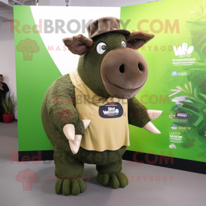 Olive Woolly Rhinoceros mascot costume character dressed with a Graphic Tee and Hats