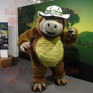 Olive Woolly Rhinoceros mascot costume character dressed with a Graphic Tee and Hats