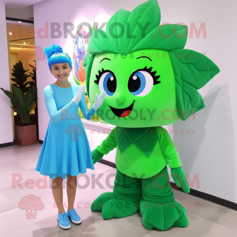 Cyan Spinach mascot costume character dressed with a Mini Skirt and Hair clips Cyan Spinach mascot costume character dressed with a Mini Skirt and Hair clips