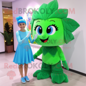 Cyan Spinach mascot costume character dressed with a Mini Skirt and Hair clips