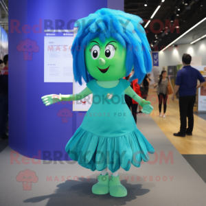 Cyan Spinach mascot costume character dressed with a Mini Skirt and Hair clips