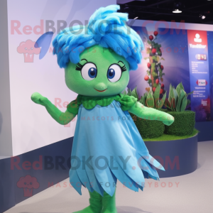Cyan Spinach mascot costume character dressed with a Mini Skirt and Hair clips