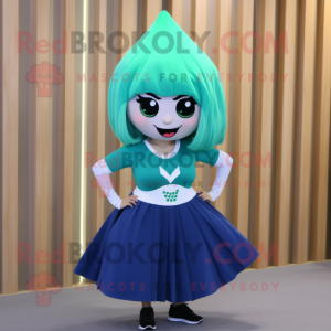 Cyan Spinach mascot costume character dressed with a Mini Skirt and Hair clips