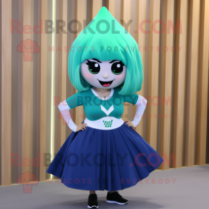 Cyan Spinach mascot costume character dressed with a Mini Skirt and Hair clips