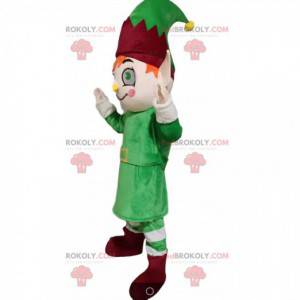 Leprechaun mascotte met een groene en bordeauxrode outfit -