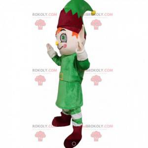 Mascotte de lutin avec une tenue verte et bordeaux -