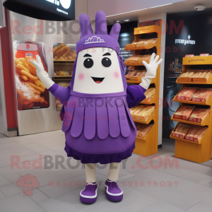 Purple French Fries mascot costume character dressed with a Circle Skirt and Tote bags