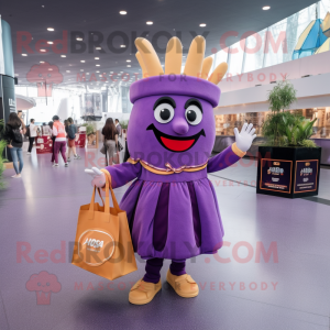 Purple French Fries mascot costume character dressed with a Circle Skirt and Tote bags