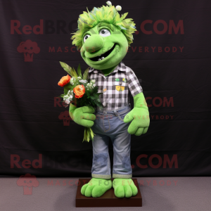Lime Green Bouquet Of Flowers mascot costume character dressed with a Flannel Shirt and Lapel pins