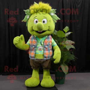 Lime Green Bouquet Of Flowers mascot costume character dressed with a Flannel Shirt and Lapel pins