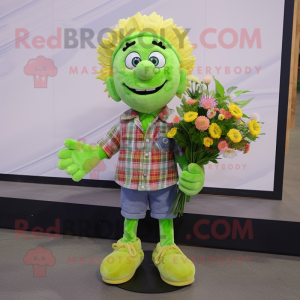 Lime Green Bouquet Of Flowers mascot costume character dressed with a Flannel Shirt and Lapel pins