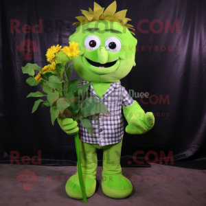 Lime Green Bouquet Of Flowers mascot costume character dressed with a Flannel Shirt and Lapel pins