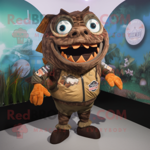 Brown Piranha mascot costume character dressed with a Long Sleeve Tee and Brooches