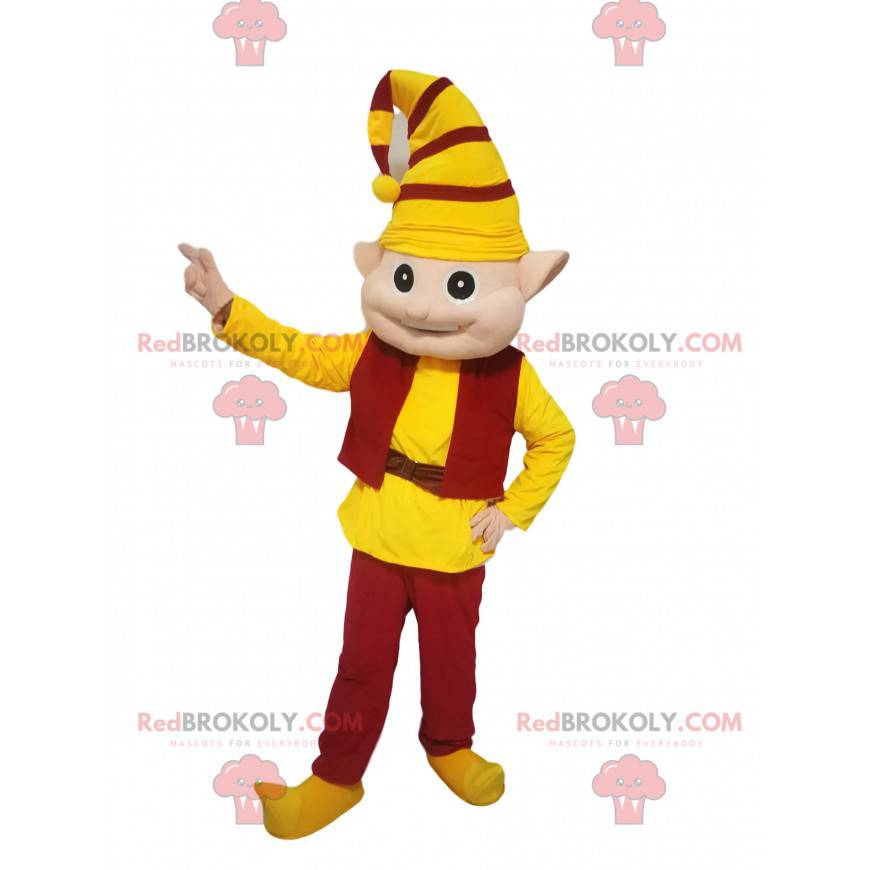 Mascote duende com uma roupa amarela e vermelha - Redbrokoly.com