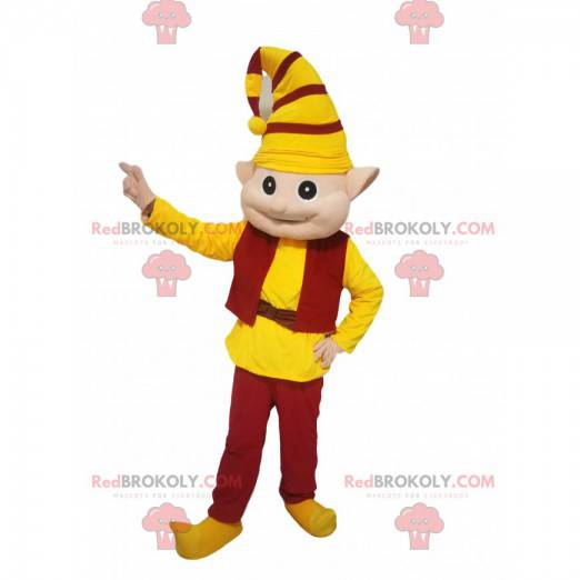 Mascota duende con un traje amarillo y rojo. - Redbrokoly.com
