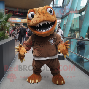 Brown Piranha mascot costume character dressed with a Long Sleeve Tee and Brooches