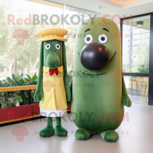 Forest Green Hot Dog mascot costume character dressed with a Maxi Skirt and Cufflinks