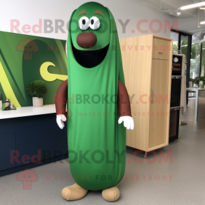 Forest Green Hot Dog mascot costume character dressed with a Maxi Skirt and Cufflinks